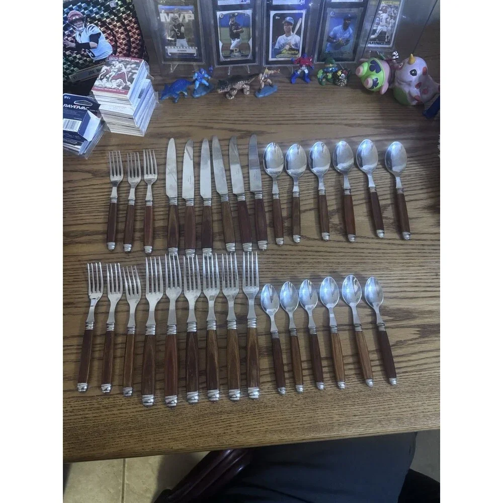 SCOF Mariposa France Recamier Teak Flatware Silverware Set 30 Pc Service For 6